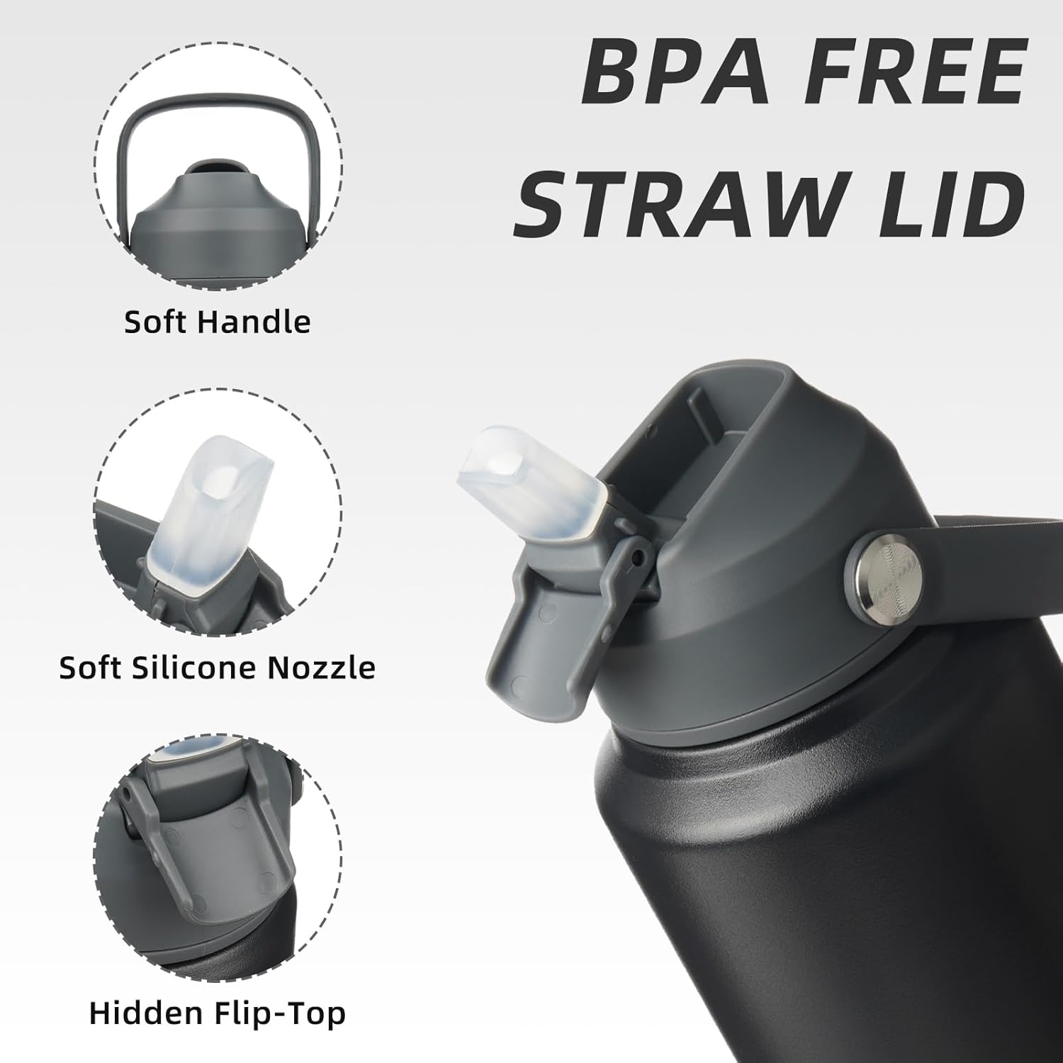 BJPKPK Insulated Water Bottle with Straw Lid, 40oz Large Thermo, BPA Free Leak Proof Stainless Steel Metal Water Bottles, Tumblers, Cups, Flasks for Travel, Sports,Black