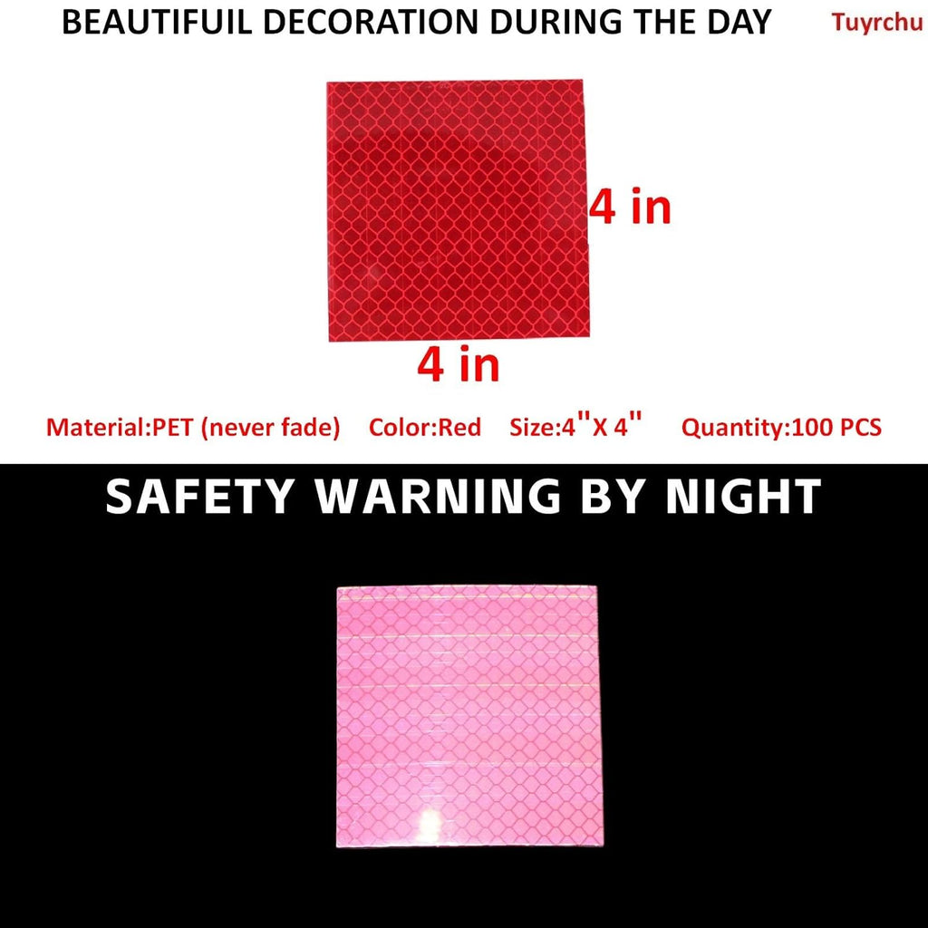 Non Fading Red Reflective Stickers 4 inch X 4 inch, Outdoor Waterproof High Visibility Warning Safety Adhesive Reflector Tape (100 Pcs)