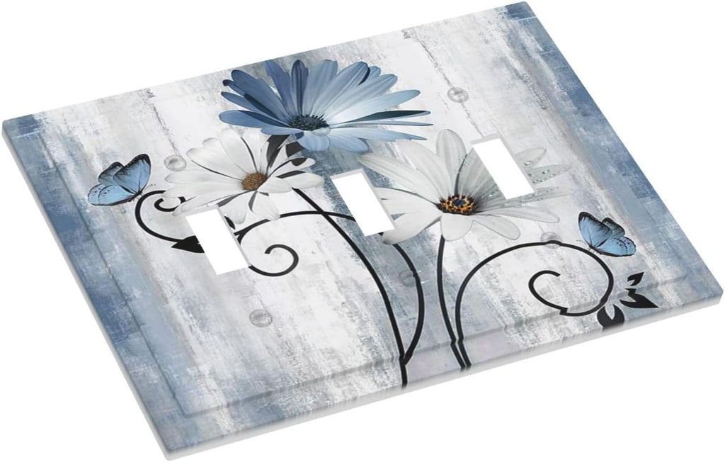 Decorative Light Switch Cover Plate Rustic Blue White Daisy Ink Flower 3 Gang Wall Plates for Electrical Outlets Triple Toggle Switch Plate Covers Outlet Covers Faceplate for Home Decor