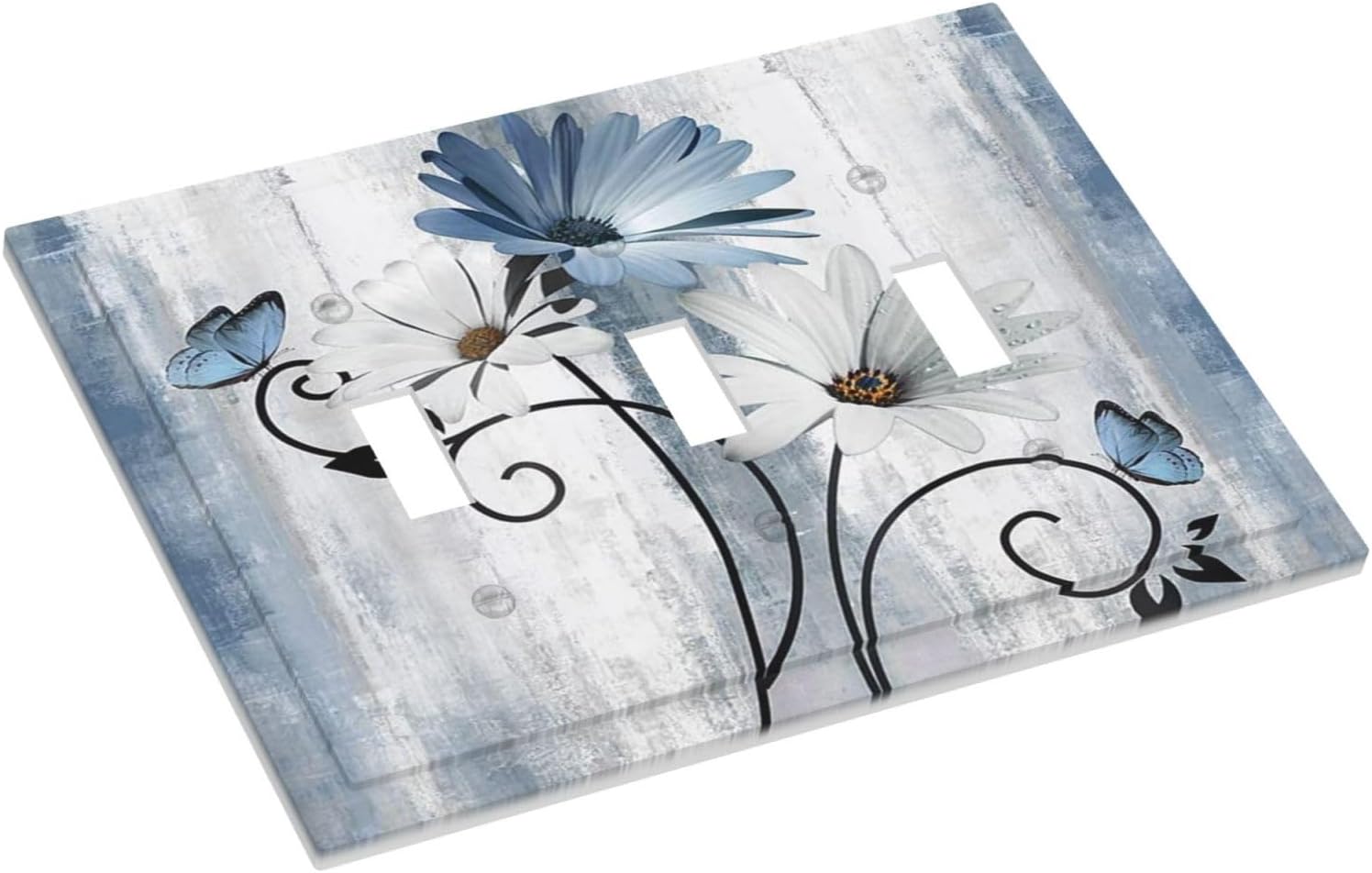 Decorative Light Switch Cover Plate Rustic Blue White Daisy Ink Flower 3 Gang Wall Plates for Electrical Outlets Triple Toggle Switch Plate Covers Outlet Covers Faceplate for Home Decor