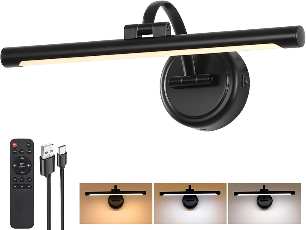 Rechargeable Picture Light for Wall, Cordless Art Lights Battery Operated, Dimmable Wall Light with Remote & Timer, 3 Color Modes for Paintings, Gallery, Artwork(Black, 15.7inch)