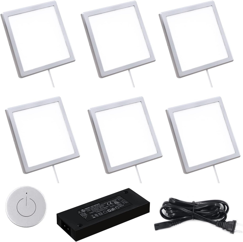 VST Under Cabinet Mini Panel Lighting 6PCS 3.94inch 12V 2.5W(Total 15W) with Wireless Dimmer Switch, Surface Mount Puck Light for Kitchen Van Truck Car Galley Downlight (Square Silver 4000K)