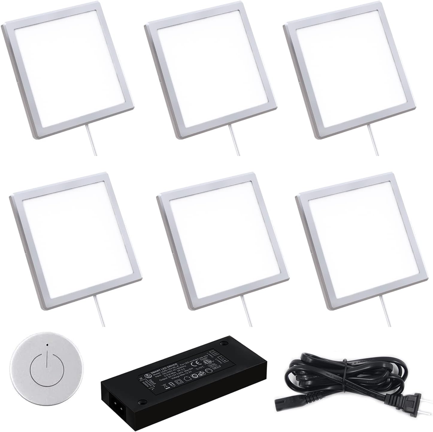 VST Under Cabinet Mini Panel Lighting 6PCS 3.94inch 12V 2.5W(Total 15W) with Wireless Dimmer Switch, Surface Mount Puck Light for Kitchen Van Truck Car Galley Downlight (Square Silver 4000K)