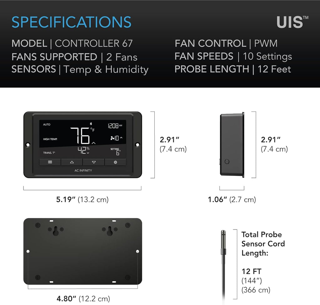 AC Infinity Controller 67, Smart Bluetooth Fan Controller with Temperature, Humidity, Schedules, Grow Cycles, Dynamic Speed Programming for CLOUDLINE Airlift Fans Cooling and Ventilation