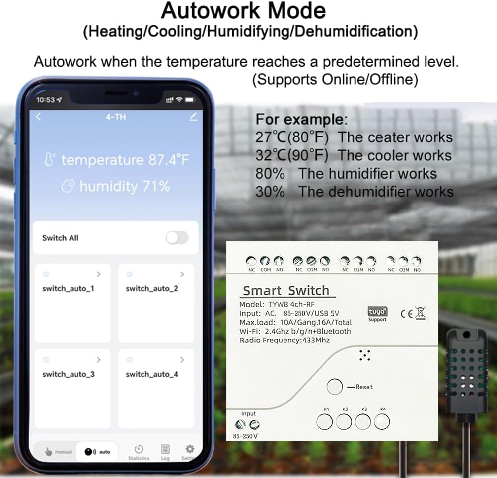 Tuya WiFi Smart Temperature Sensor Controller, 4CH 85-250V Relay Switch, Remote Voice Control, APP Remote Control, Dry Contact, Real-Time Monitoring, Compatible with Alexa and Google Home