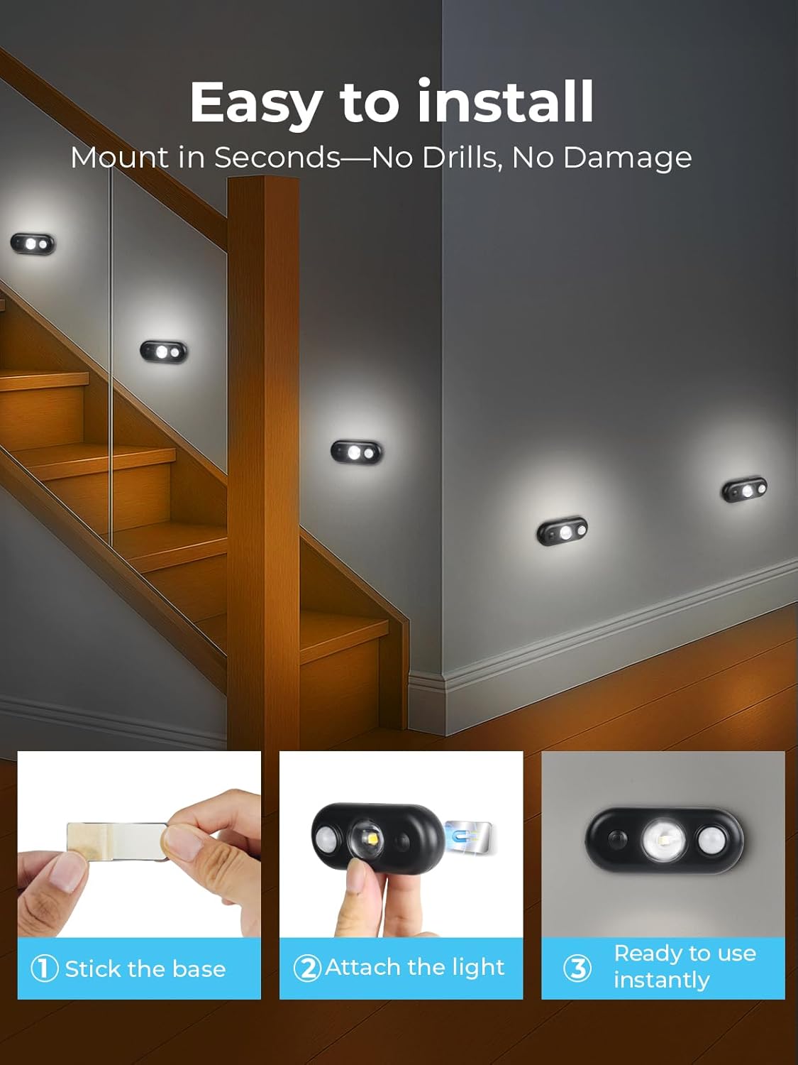 YGS-Tech LED Motion Sensor Light Indoor, Rechargeable Puck Lights, Magnetic Dimmable Under Cabinet Light, Wireless LED Lights for Closet, Kitchen, Stairs, Daylight White, 6-Pack (Black)