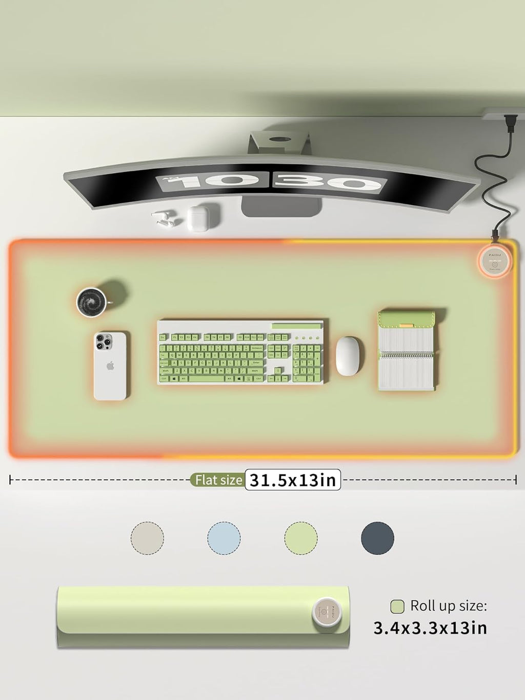 Heated Mouse Pad Hand Warmers, Electric Warm Office Desk Mat, 31.5" x 13", 3 Control Levels Temperature 3 Hours Auto Shut-Off, Suitable for Home/Offices Computer Keyboard Pads (Green)