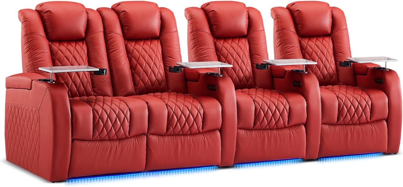 Weilianda Home Theater Seating Top Grain Leather Zero Gravity Recliner Chair Power Headrest Recline Movie Seat Gaming 7 Colors Mood Light Sofa with Tray Table USB Charge Row of 4 Loveseat Left Red