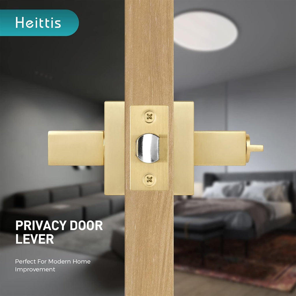 4 Pack Privacy Gold Bathroom Door Locks Square Heavy Duty Door Levers for Bed/Bath Room Interior Door Lock Keyless Door Handle for Left and Right Reversible