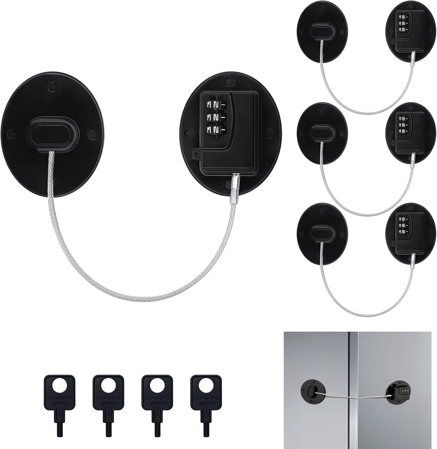 4 Pack Refrigerator Lock Combination, No-Drill Fridge Lock with Password Refrigerator Door Locking Safety Freezer Door (Black)