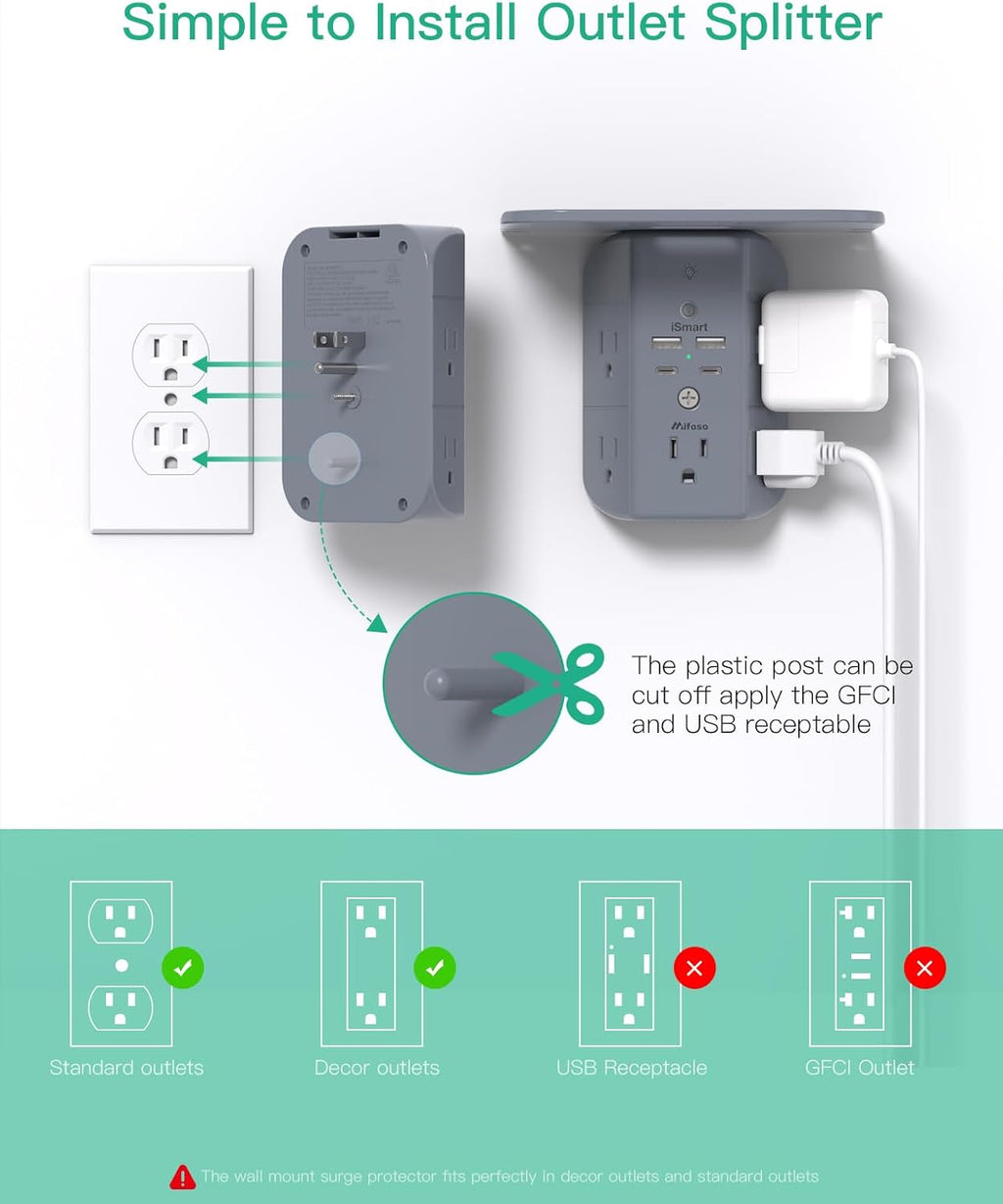 Wall Outlet Extender with Shelf and Night Light, Surge Protector, USB Wall Charger with 5 AC Outlets and 2 USB A Ports 2 USB C Ports Wide Space 3-Sided Power Strip Multi Plug Outlets, Gray