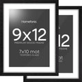 Homeforia 9x12 Black Wood Picture Frame, High End Oak 9 x 12 Frames with Mat 7 by 10 Art, 9by12 Black Wooden Frame Matted to 7x10 inch Photo, Wall or Tabletop Frame, Tempered Glass, Wall Kit, Set of 2