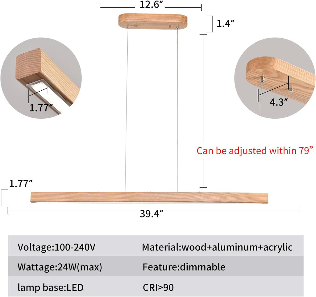 39" Wood Linear Pendant Light Fixture Modern LED Pendant Lights Led Dimmable Chandelier with Remote Control Ceiling Hanging Lights Pool Table Lights for Dining Room Kitchen Island Lights Natural