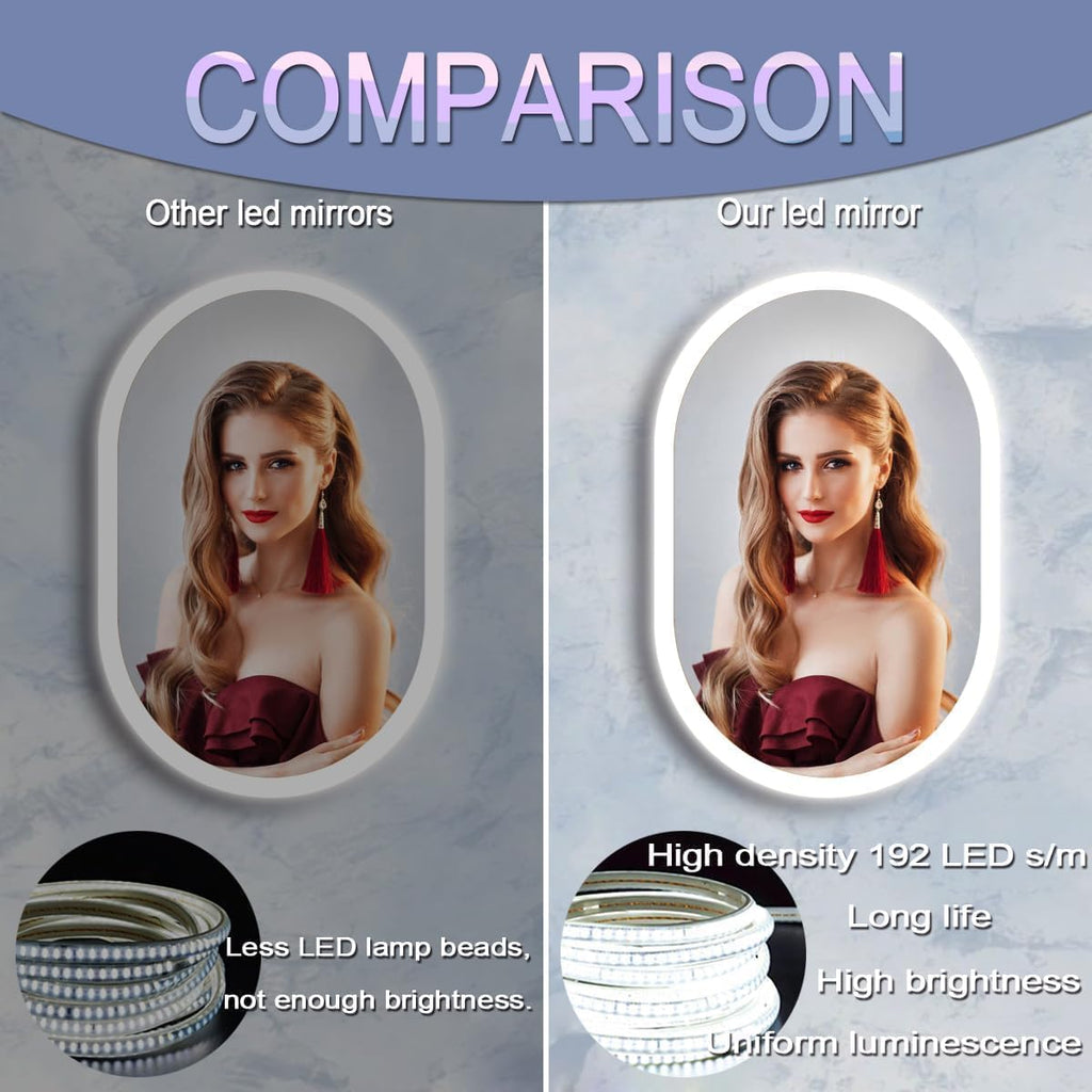 40 x 20 Inch Oval Backlit Mirror 3 Color Adjustable Brightness Backlits Oval Lighted Vanity Mirror for Bathroom Wall Horizontal Vertical Mount Antifog 40" Frameless LED Backlit Ovals Mirrors