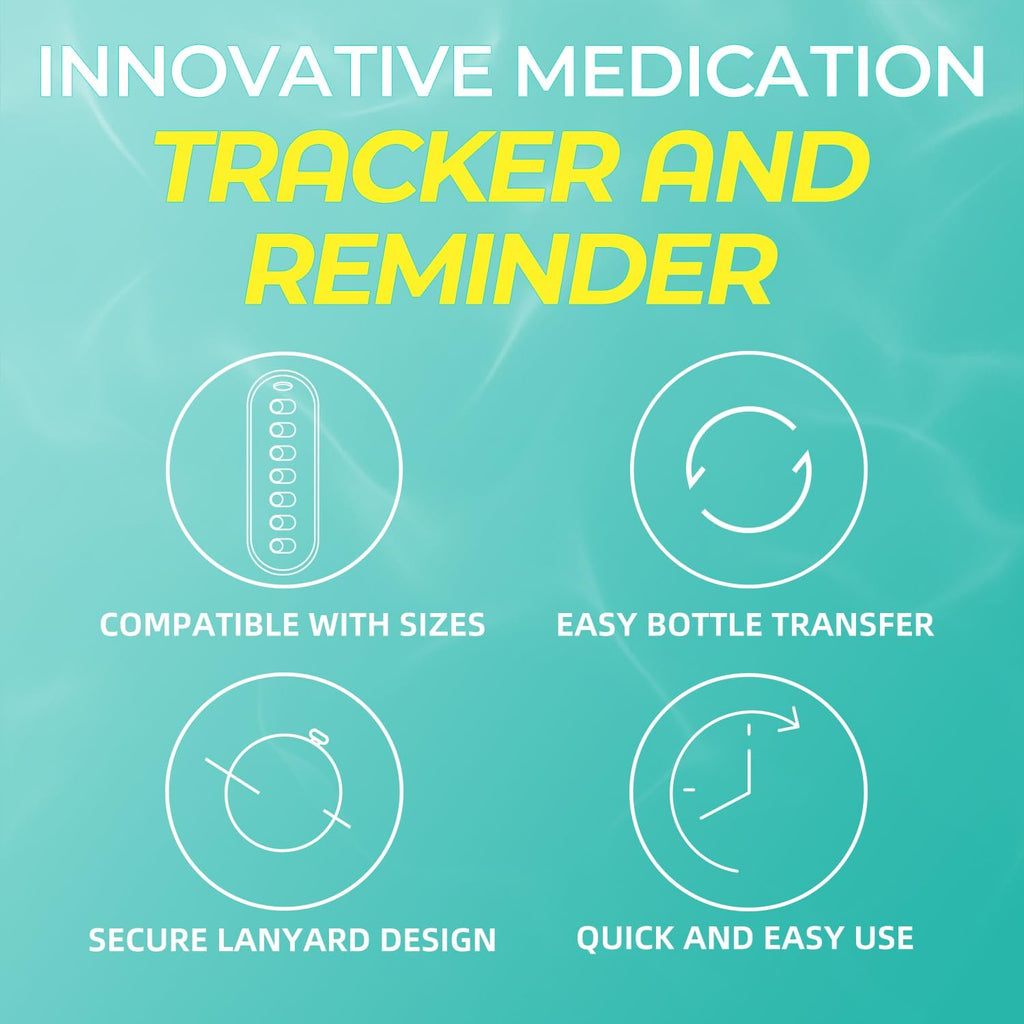 Odaro 4 Pack Pill Reminder, Lanyad or Sticker Pill Tracker, Work with Most Bottles, Reusable Medication Tracker Replacement of Vitamin Weekly (7 Day) Medicine Organizer