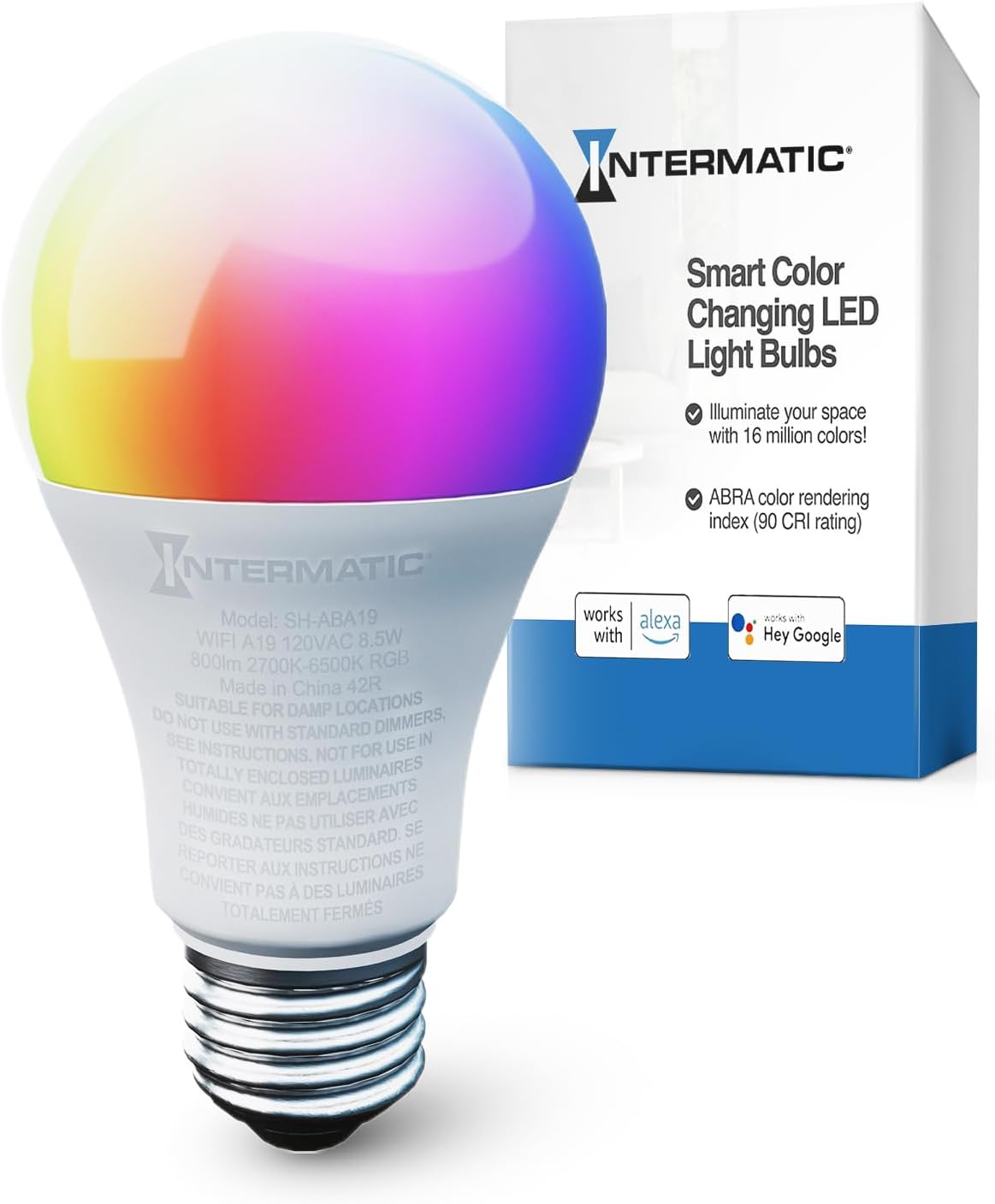 Intermatic ABRA A19 Wi-Fi Smart Bulb, 800 Lumens - Voice Controlled RGB LED, Compatible with Alexa & Google Home - Timers & Schedules, 2.4 GHz Wi-Fi Only, No Hub Required (1 Pack)