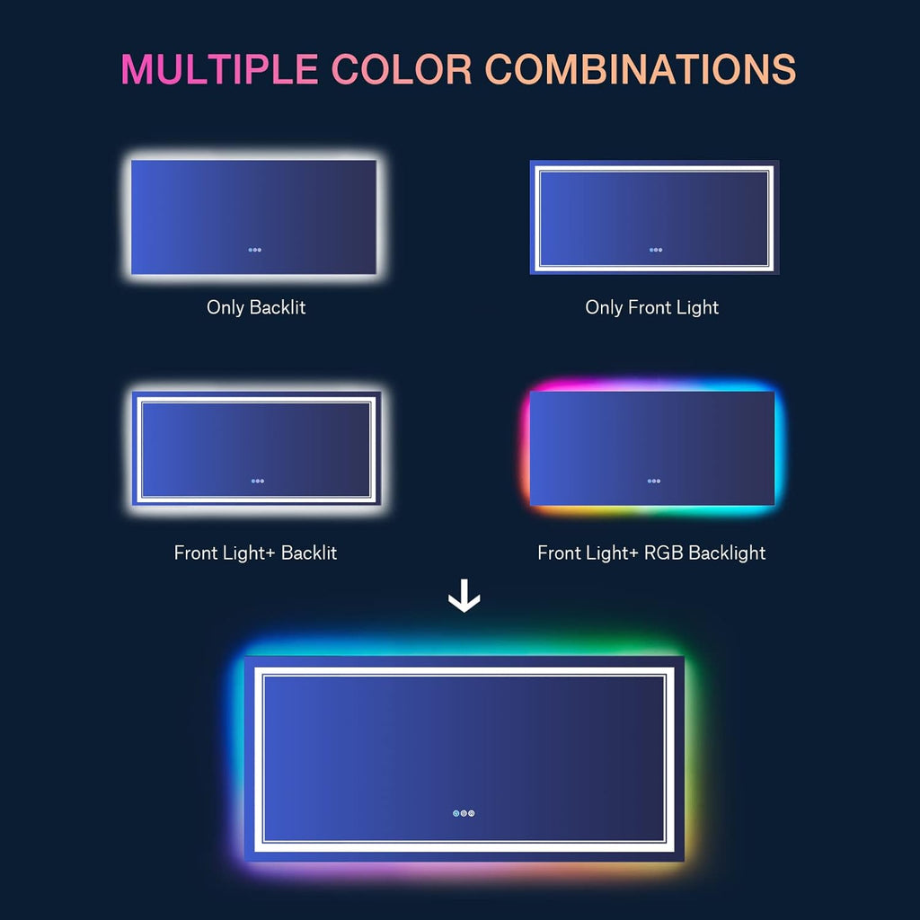 72x32 Inch Bathroom LED Vanity Mirror with RGB Lights Color Changing Backlit Bathroom Mirror Dimmable Anti-Fog led Mirror for Bathroom (RGB Multicolor Backlit+Adjustable Front-Lighted)
