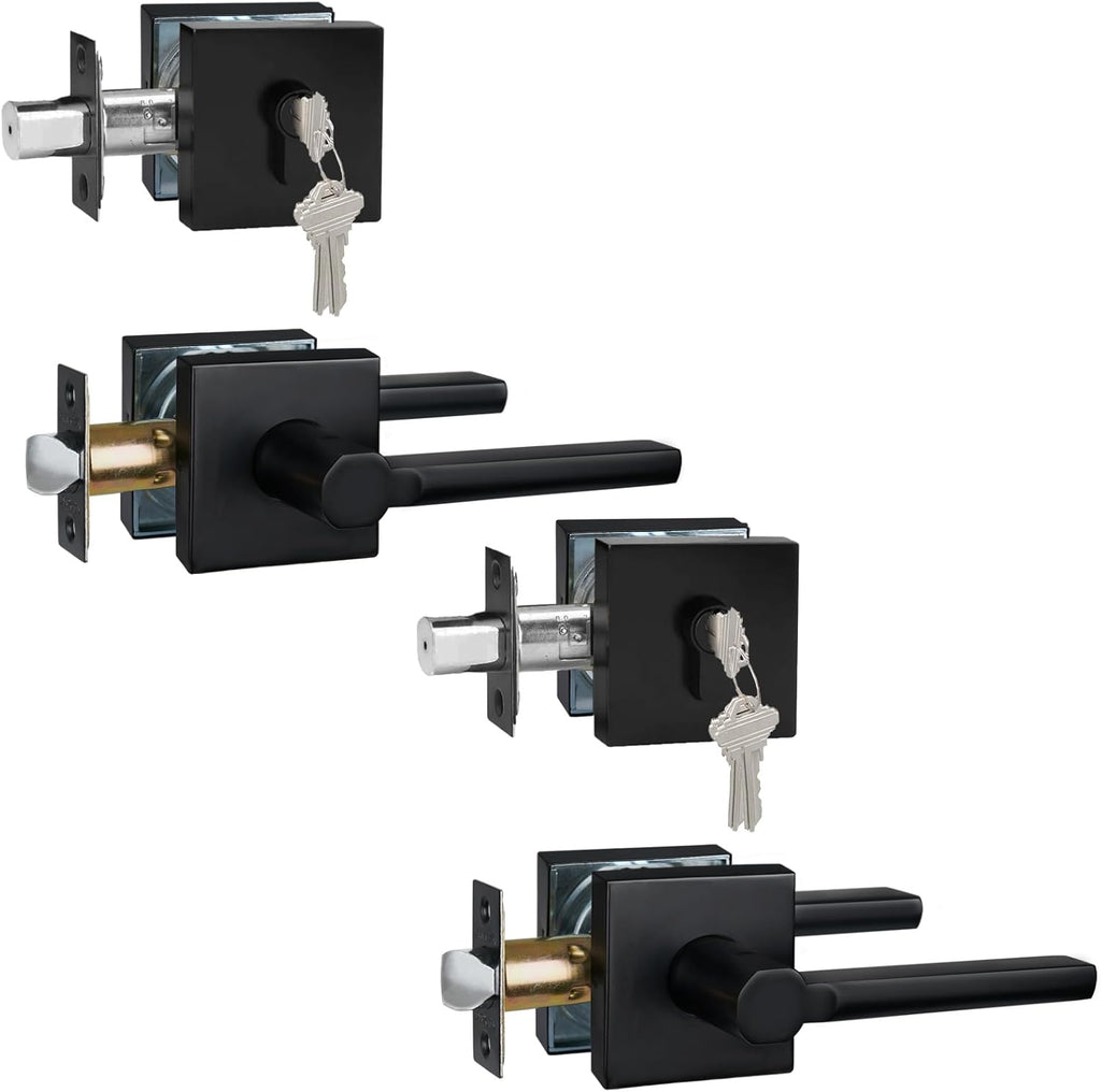 2 Sets Passage Door Lever and Single Cylinder Deadbolt Lock Set, Heavy Duty Square Handle for Entrance and Front Door, Matte Black, Different Keys