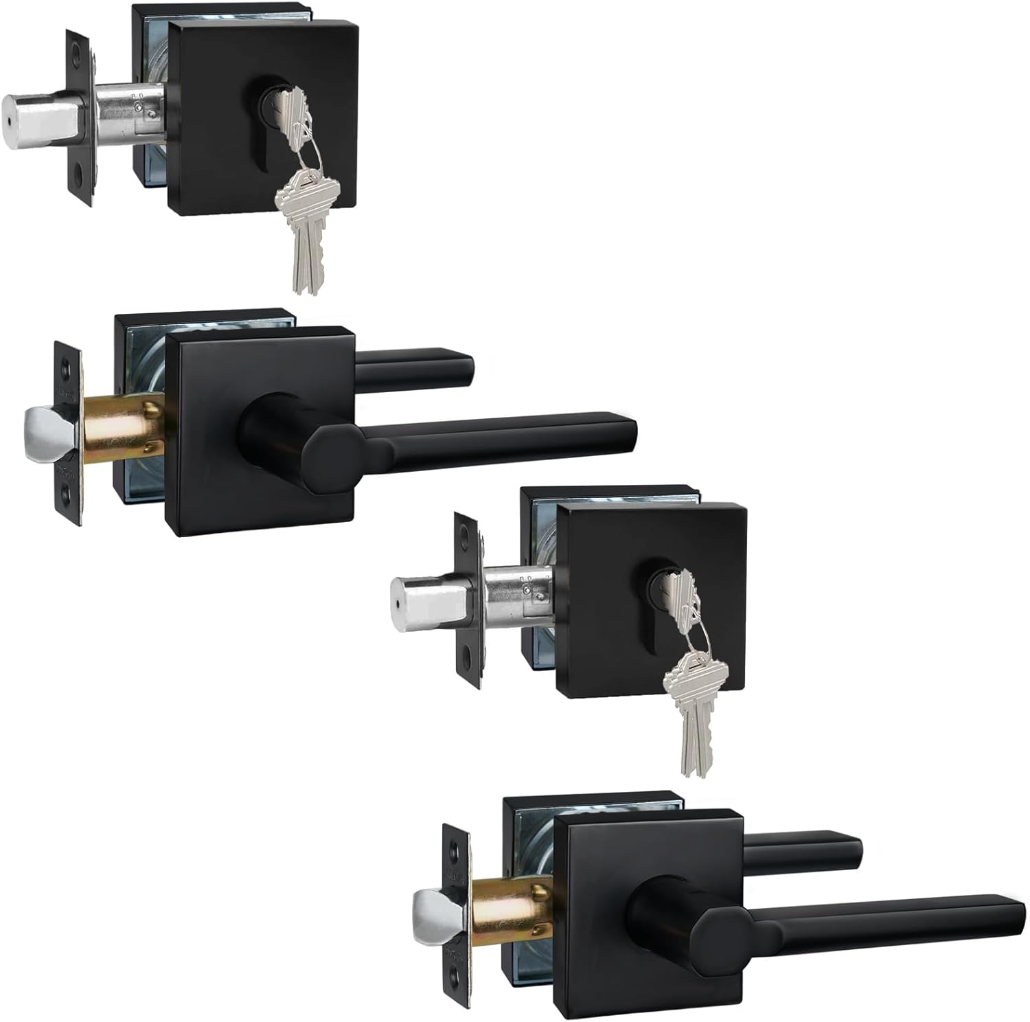 2 Sets Passage Door Lever and Single Cylinder Deadbolt Lock Set, Heavy Duty Square Handle for Entrance and Front Door, Matte Black, Different Keys