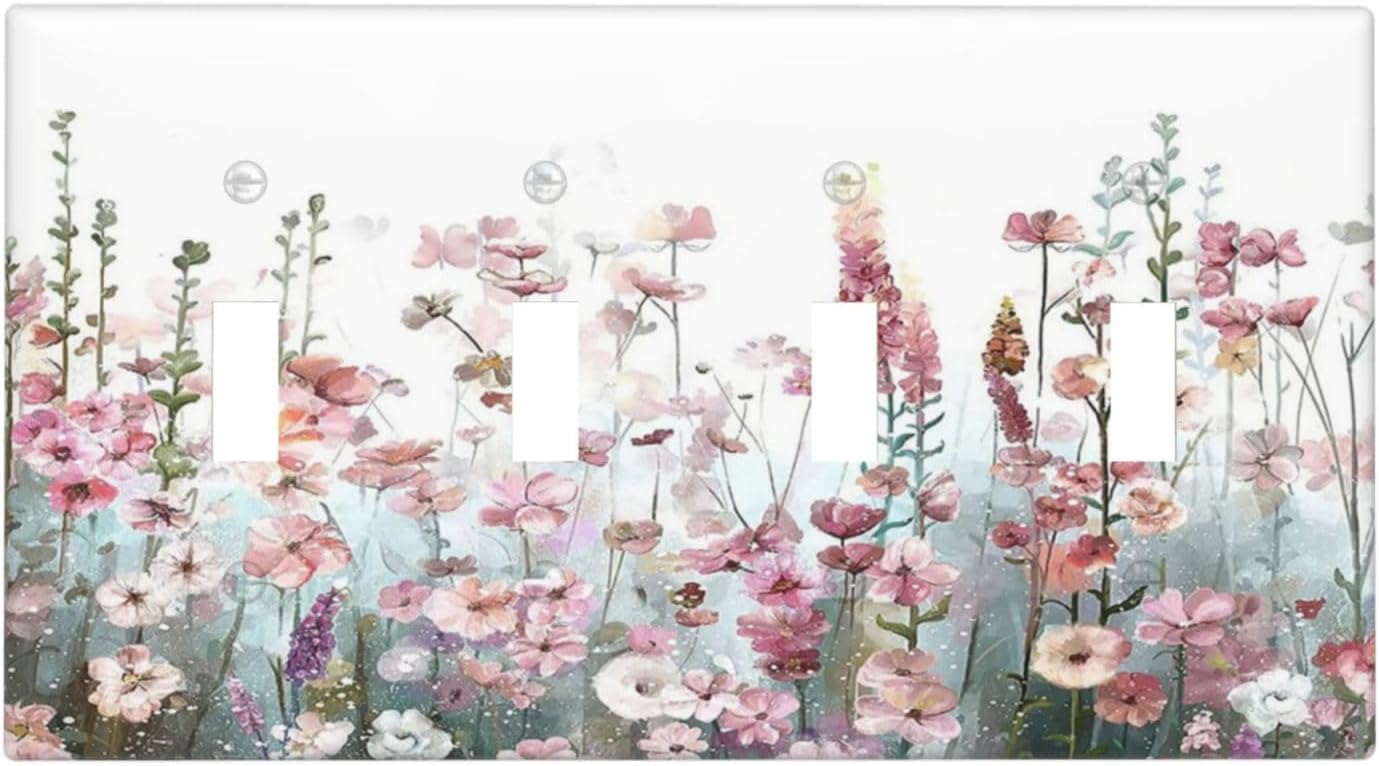 Colorful Flowers Pink Floral Watercolor Plant Light Switch Covers Quad Toggle Electrical Faceplate 4 Gang Wall Plate Decorative Switch Plates for Bed Room Living Room Decor