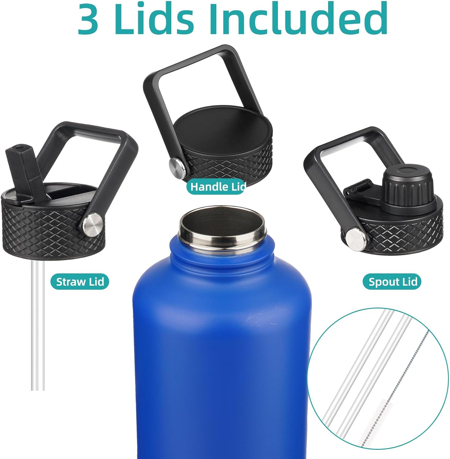 Insulated Water Bottle with Straw,50 oz 3 Lids Water Jug with Carrying Bag,Paracord Handle,Double Wall Vacuum Stainless Steel Metal Flask,Blue