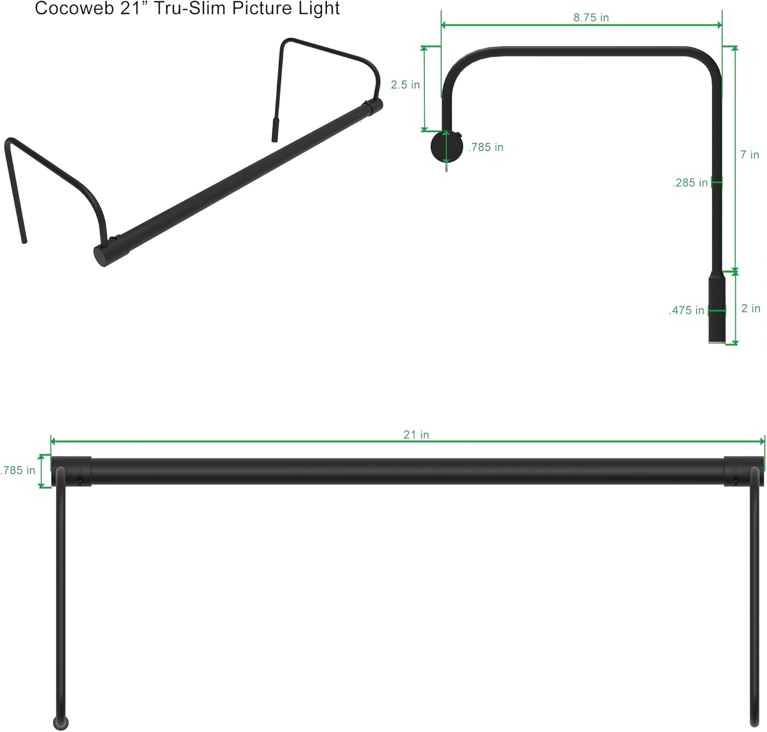 Cocoweb 21 Inch Tru-Slim Black Picture Light - LED, 2700K, Adjustable Arm, Plug-in, Toggle Switch, Sleek and Compact Design
