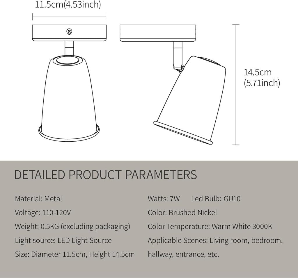 Ceiling Spotlight Indoor, Adjustable Angle 7W LED GU10 Replaceable, 3000K Warm White Flicker-Free,Accent Light for Living Room Bedroom Corridor Mural,Brushed Nickel