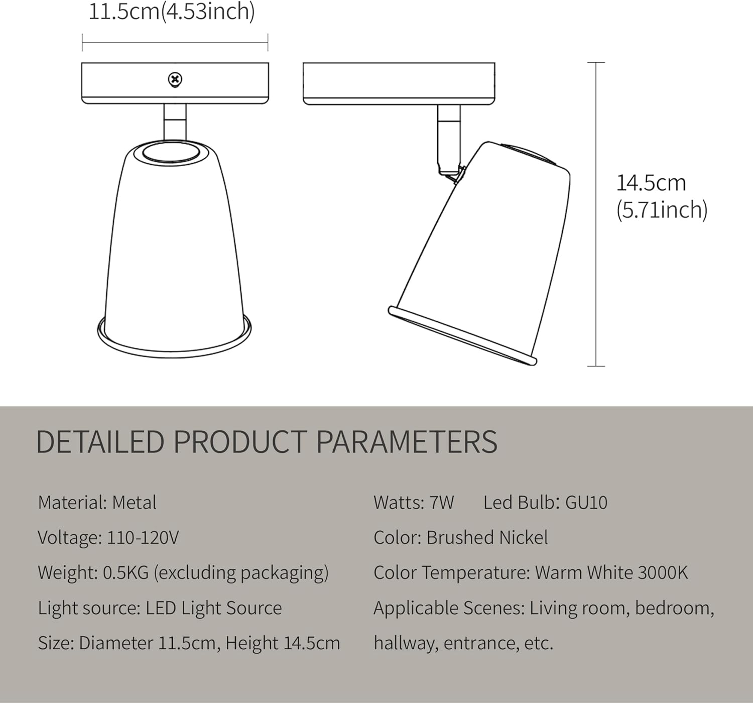Ceiling Spotlight Indoor, Adjustable Angle 7W LED GU10 Replaceable, 3000K Warm White Flicker-Free,Accent Light for Living Room Bedroom Corridor Mural,Brushed Nickel