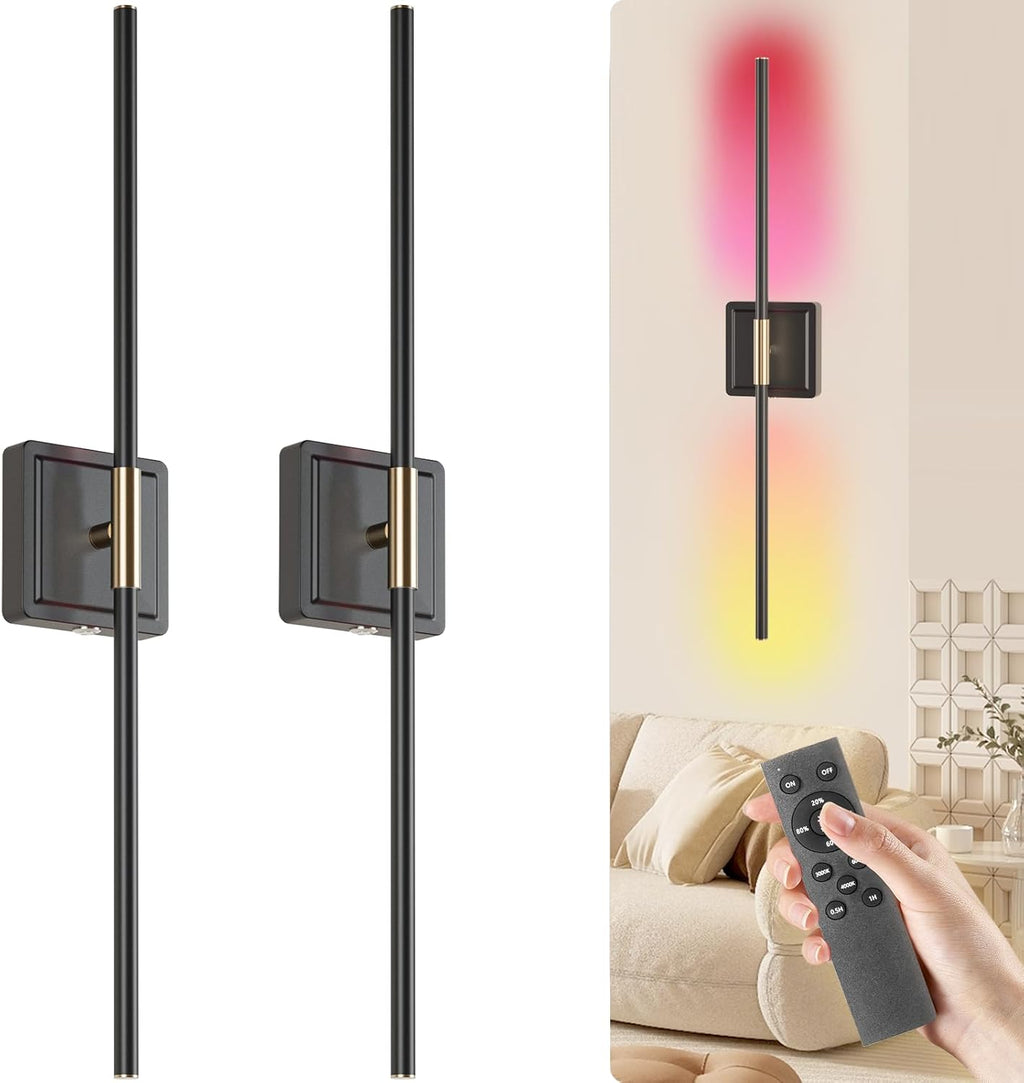 Modern RGB Wall Sconces Set of 2, Battery Operated Color Changing LED, 10,000mAh Manual Remote Control, 350° Rotatable Matte Black/Gold, No Wiring for Gaming Room, Bedroom, Party Decor