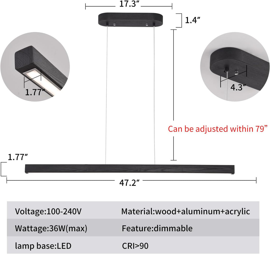 47" Black Linear Pendant Light Wooden Led Linear Pendant Light Fixtures Ceiling Hanging Dimmable Pendant Lights for Dining Room Kitchen Island Pool Table Lights Black Wood Finish