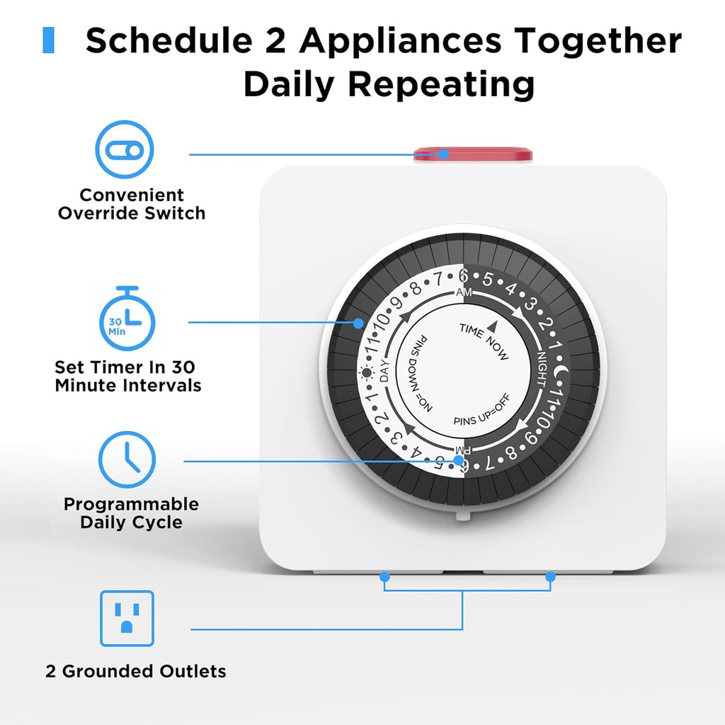 G-ELEK Timers for Electrical Outlets Indoor, 24-Hour Dual Outlet Timer, Christmas Tree Timer Indoor, 3 Prong Light Timers Indoor, Daily Cycle, 125V 15A, ETL Listed