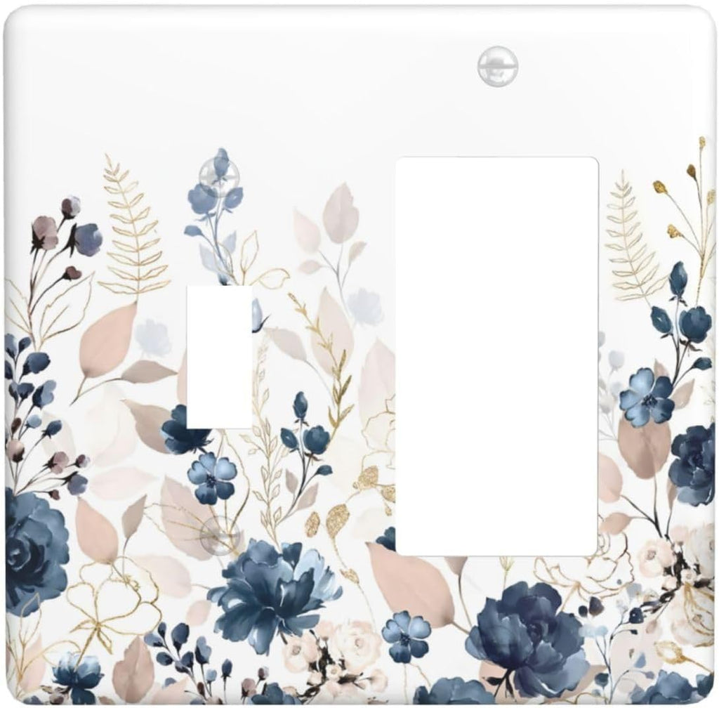 Blue Flora Boho Vintage Flower Golden Leaves Outlet Covers 1 Toggle 1 Rocker Combination Decorative Wall Plate Electrical Switch Plates Light Switch Cover Plate for Bedroom Living Room Decor