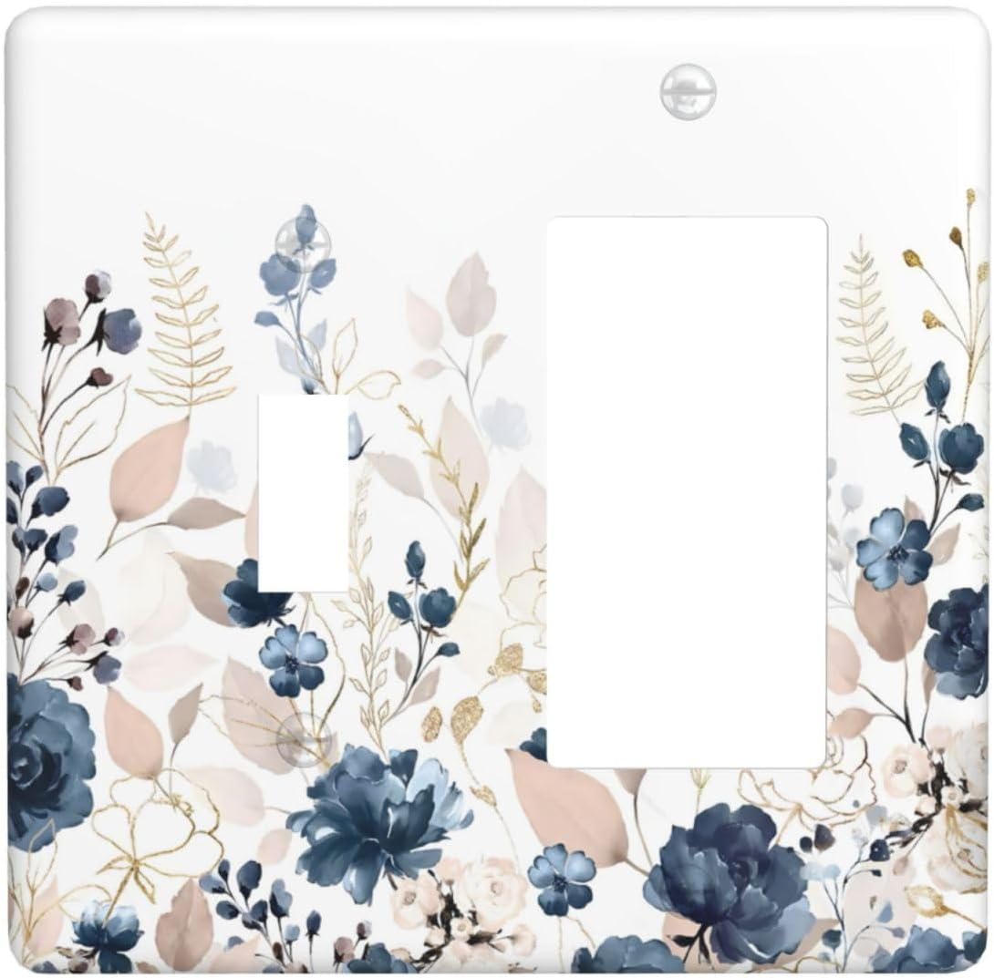 Blue Flora Boho Vintage Flower Golden Leaves Outlet Covers 1 Toggle 1 Rocker Combination Decorative Wall Plate Electrical Switch Plates Light Switch Cover Plate for Bedroom Living Room Decor