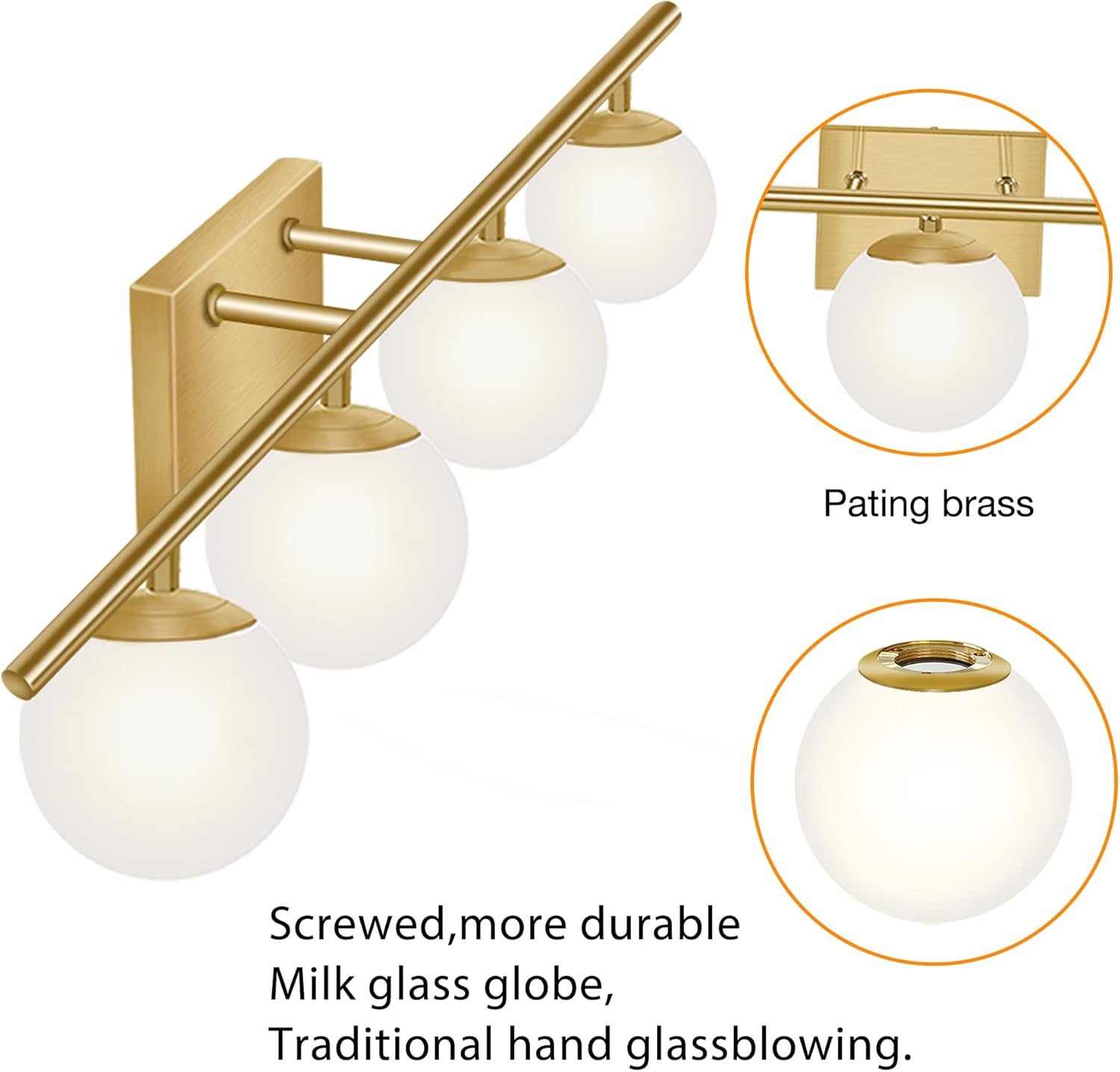 New Bathroom Vanity Light Fixtures Brushed Brass Milk White Globe Glass Shade 4 Lights Modern Wall Bar Sconce Over Mirror