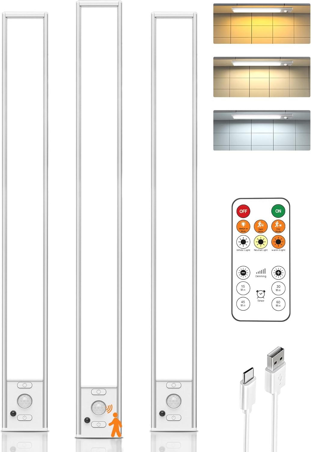 Under Cabinet Lights,80 LED Motion Sensor Light Indoor,4000mAh USB Rechargeable Closet Lights with Remote Control,3 Color Temps Wireless Under Counter Lights for Bedroom,Kitchen,Wardrobe,Stair