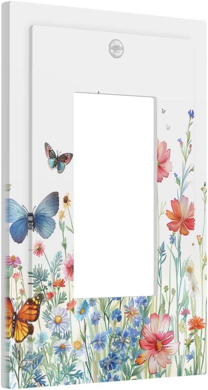 Decorative Outlet Covers Rustic Wildflower Blue Pink Floral Butterfly 1 Gang Rocker Light Switch Cover Plate Single Wall Plates for Electrical Outlets Switch Plate Covers for Home Decor