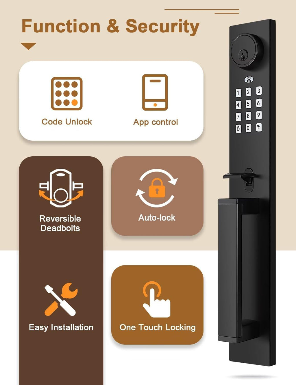 Keyless Entry Door Lock with Lever, Full Escutcheon Smart Door Handle, Digital Keypad Deadbolt with App, Front Door Handleset with Single Cylinder Deadbolt and Lever, Auto Locking, Black Finish