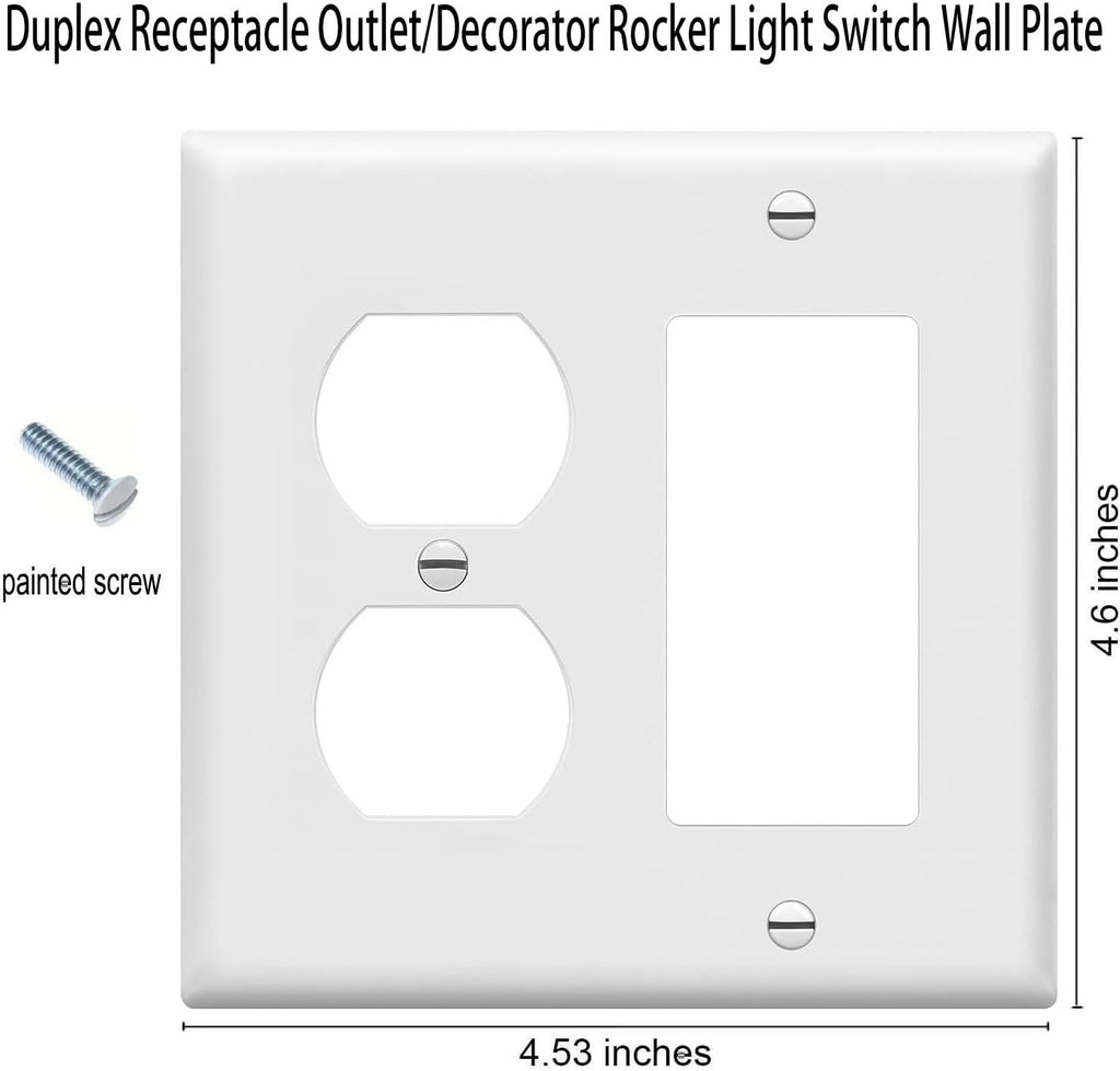 Duplex Outlet/Decorator Rocker Light Switch Wall Plates 2-Gang Switch Outlet Electrical Cover Plate Unbreakable Thermoplastic Faceplate for Light Receptacle Outlet Switch, White (4 Pack)
