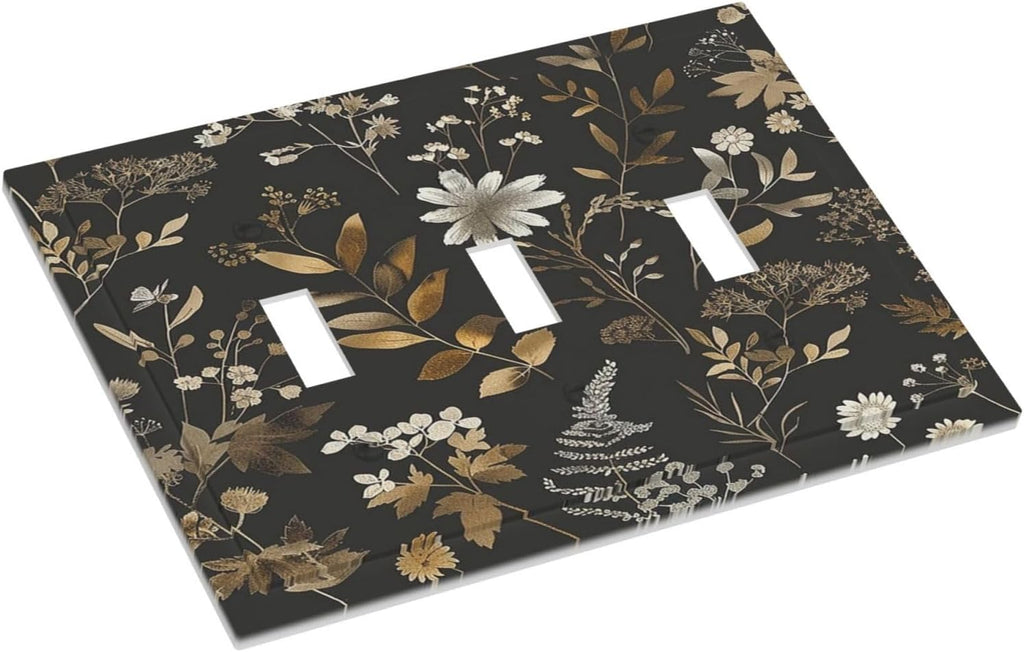 Decorative Switch Plates Black Gold Floral Dark Leaves Vintage Flowers 3 Gang Wall Plate Triple Toggle Light Switch Cover Faceplate Electrical Wall Panels for Bed Room Home Decor
