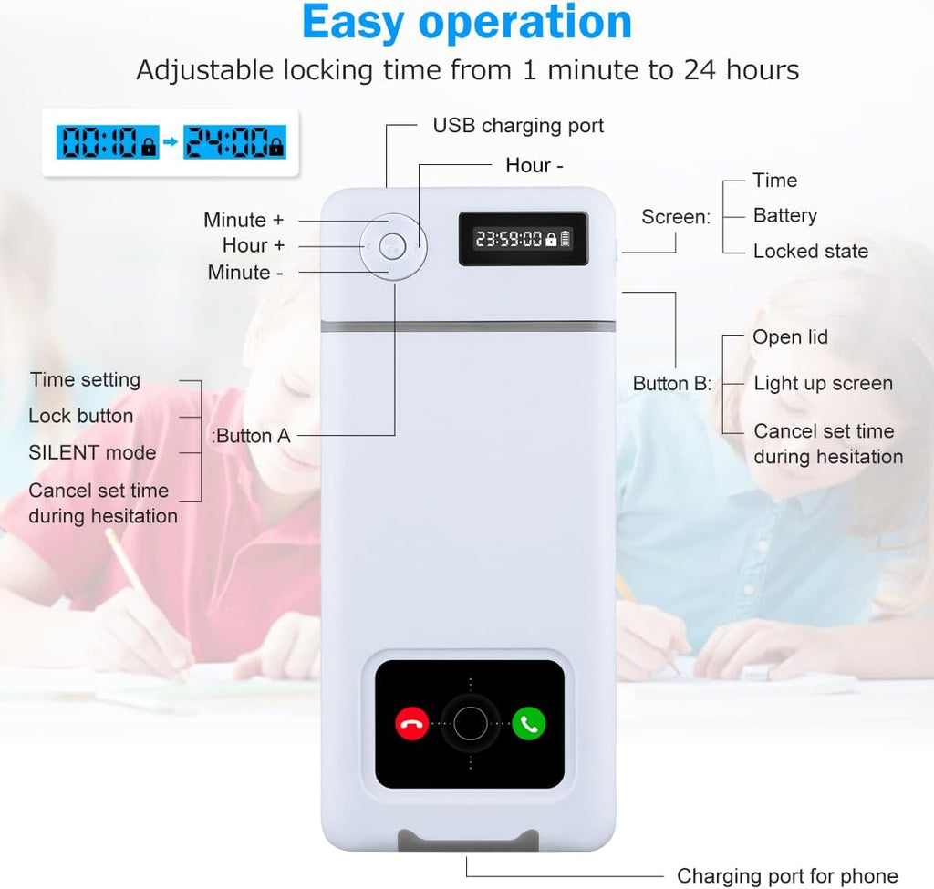 Phone Lock Box with Timer,Phone Lock Box,90 Days of Continuous Use,Quiet Mode,2 Charging Ports,Excessive Games,Mobile Phone Addiction
