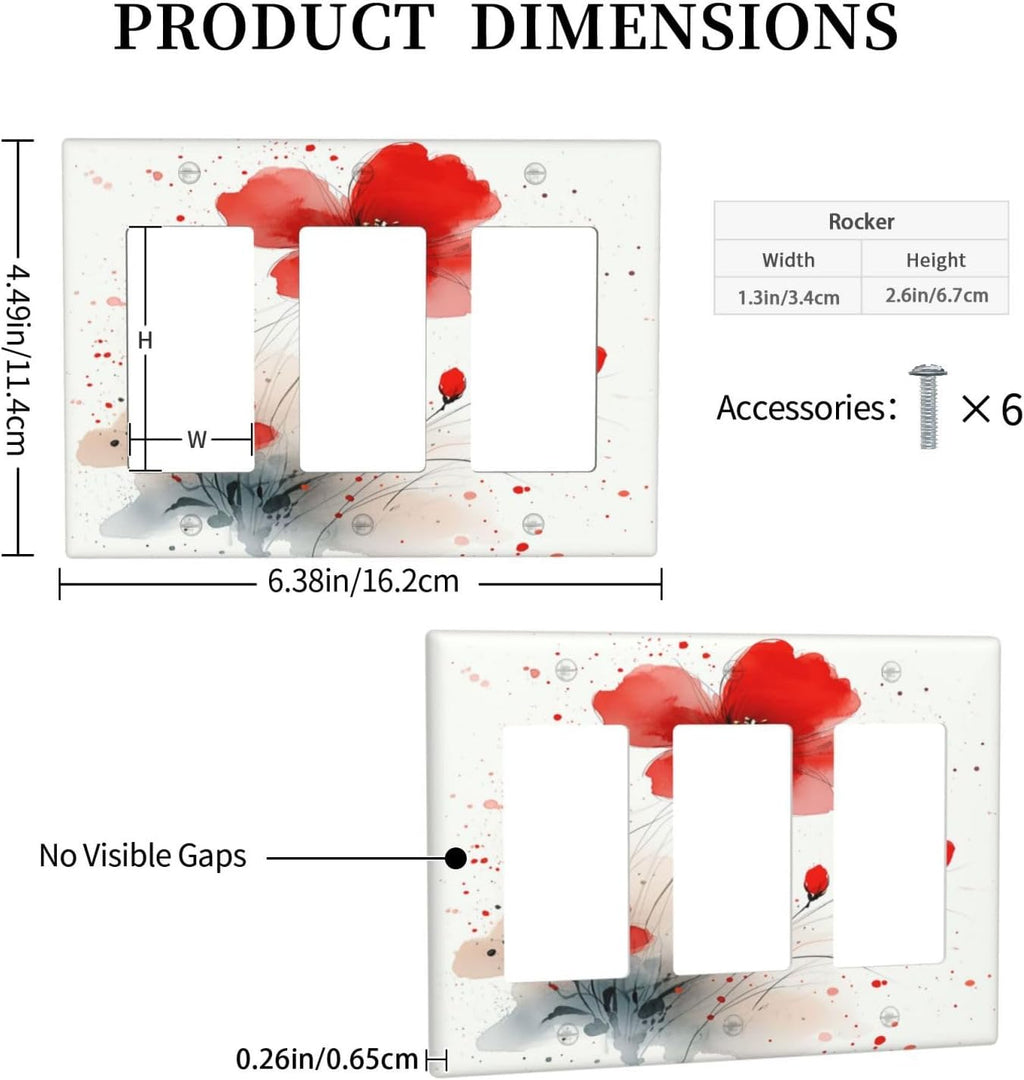 Vintage Watercolor Red Flowers Floral Light Switch Covers 3 Gang Rocker Decorative Triple Outlet Wall Plate Cover Electrical GFCI Switchplate for Bedroom Bathroom Decor
