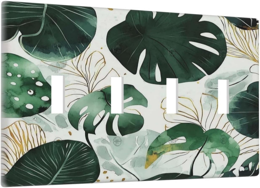 Boho Tropical Green Leaf Watercolor Banana Leaves Light Switch Covers Quad Toggle Electrical Faceplate 4 Gang Wall Plate Decorative Switch Plates For Bed Room Living Room Decor