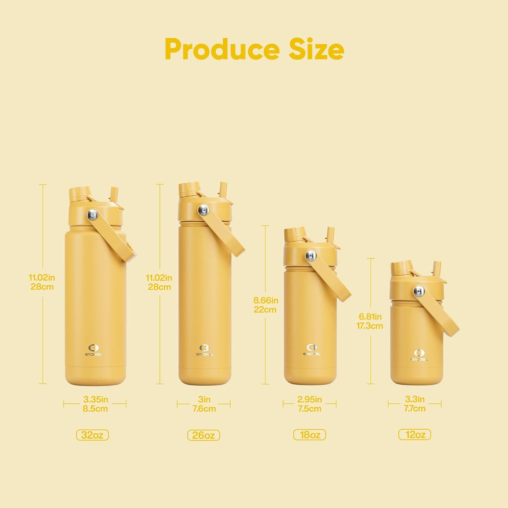 ENCOOL Insulated Water Bottle with Straw Stainless Steel Water Bottle, Leak-Proof, BPA-Free, Double Wall Vacuum Keeps Cold for 24 Hours for Sports, Travel, School (32 oz, Elfin Yellow)