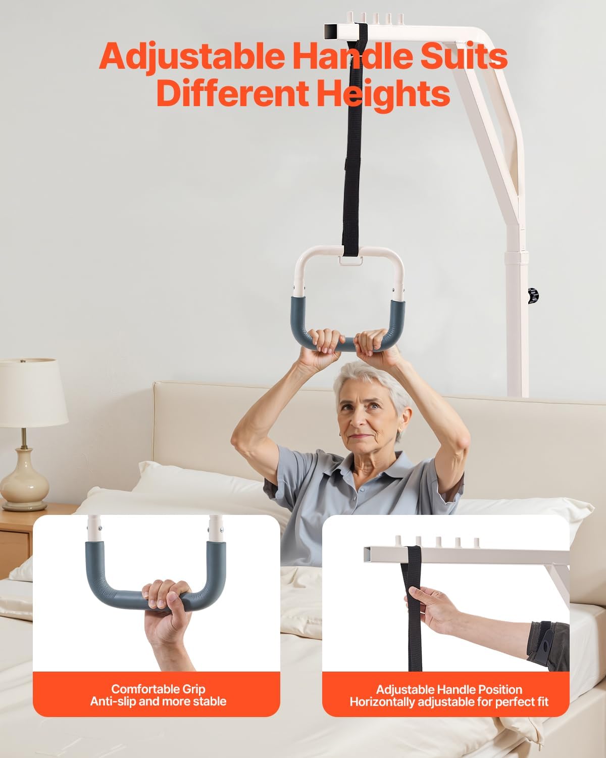 VEVOR Trapeze Bar for Bed Mobility, Height-Adjustable Free Standing Trapeze Bar with 2 Wheels, 300LBS Capacity Bed Pull Up Assist for Elderly Disabled, Ideal for Hospital, Nursing Home & Home Care