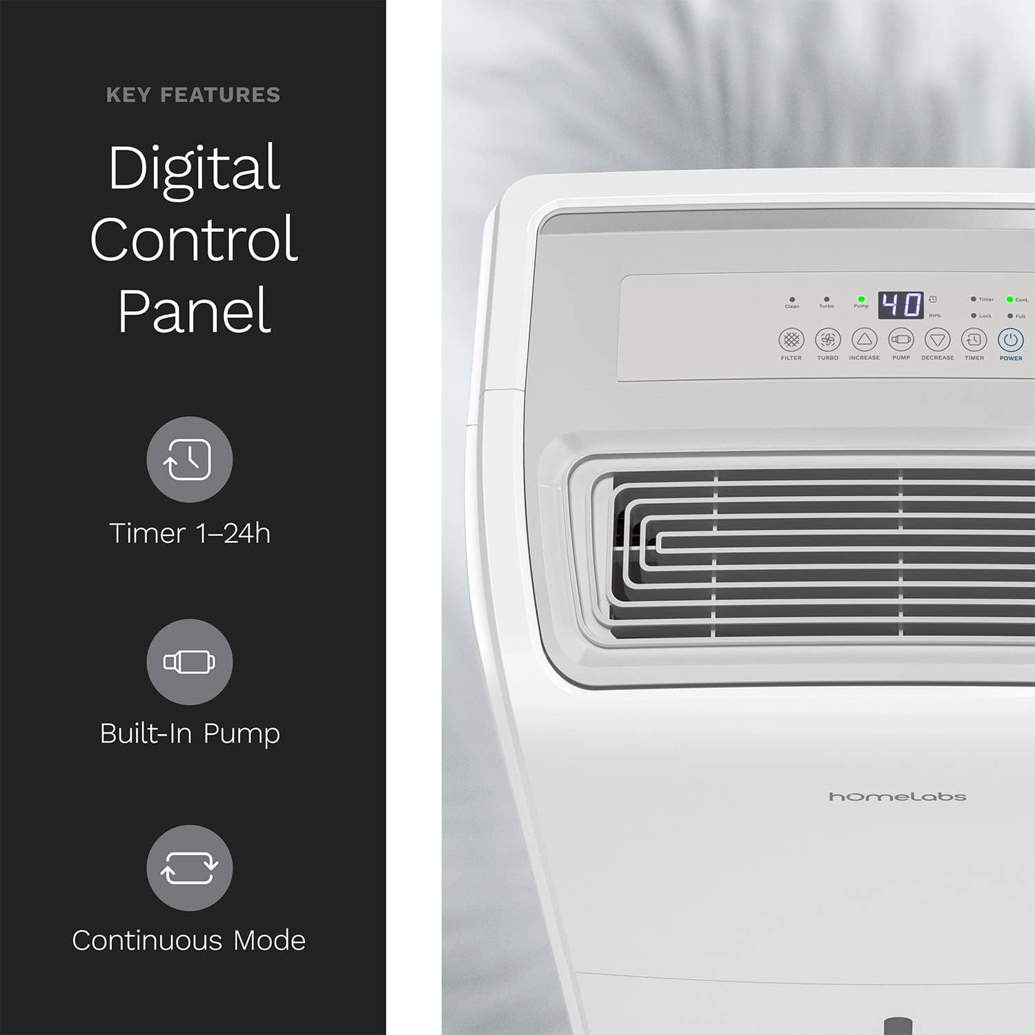 hOmeLabs Dehumidifier for Home, Office, Basements with Powerful Moisture Removal, Humidity Control, Auto Shut-off, Quiet Operation - 6,000 Sq Ft Rooms (40 Pint MAX 104 Pint at 95°F, 90% RH) with Pump