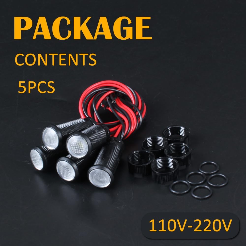 5pcs 10mm LED Indicator Light Plastic Black Signal Dot Lamp 110-220VAC 2/5" Mounting Hole Size with 15cm/5.9in. Wire (White LED)