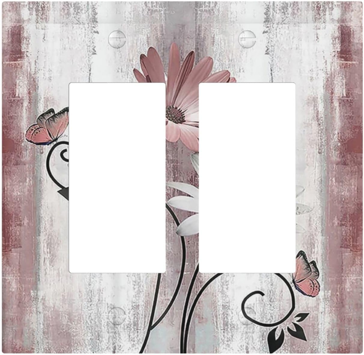 Decorative Outlet Covers Pink White Daisy Butterfly Wood Grain 2 Gang Double GFCI Rocker Electrical Wall Panels Light Switch Cover Plate for Farmhouse Bathroom Decor