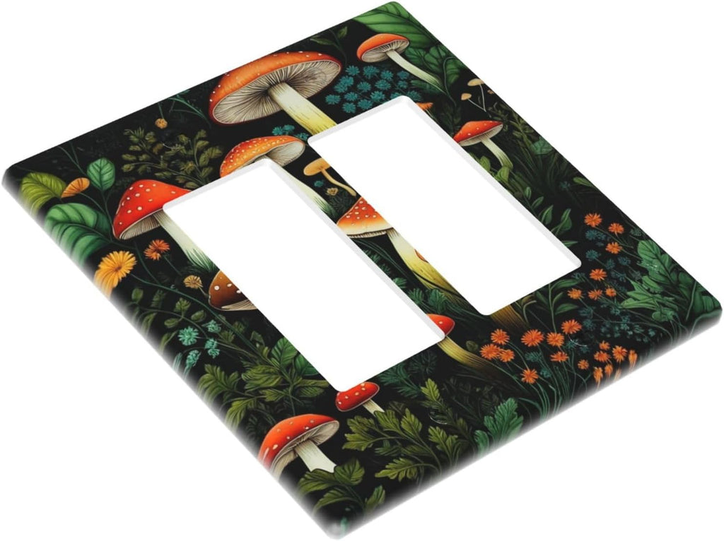 Decorative Outlet Covers Boho Red Mushroom Green Leaf Plants Floral 2 Gang Wall Plate Double Rocker Switch Light Switch Plate Covers Jumbo Dual Electrical GFCI Switch Cover Plate