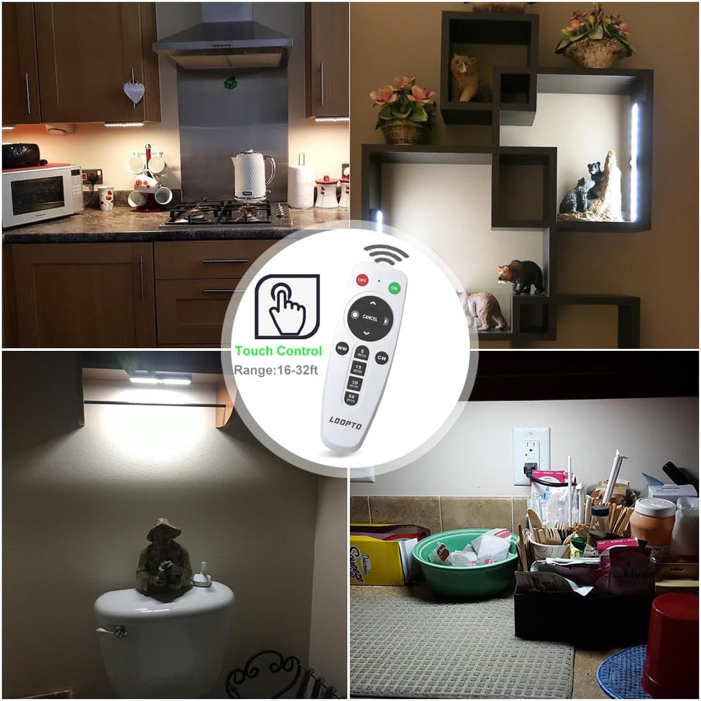 LDOPTO Under Cabinet Lights Wireless 4 Pack, Rechargeable Battery Operated Lights with Remote, Dimmable Led Closet Lights, Under Counter Lights Stick-on Touch Night Light for Kitchen, 3 Colors
