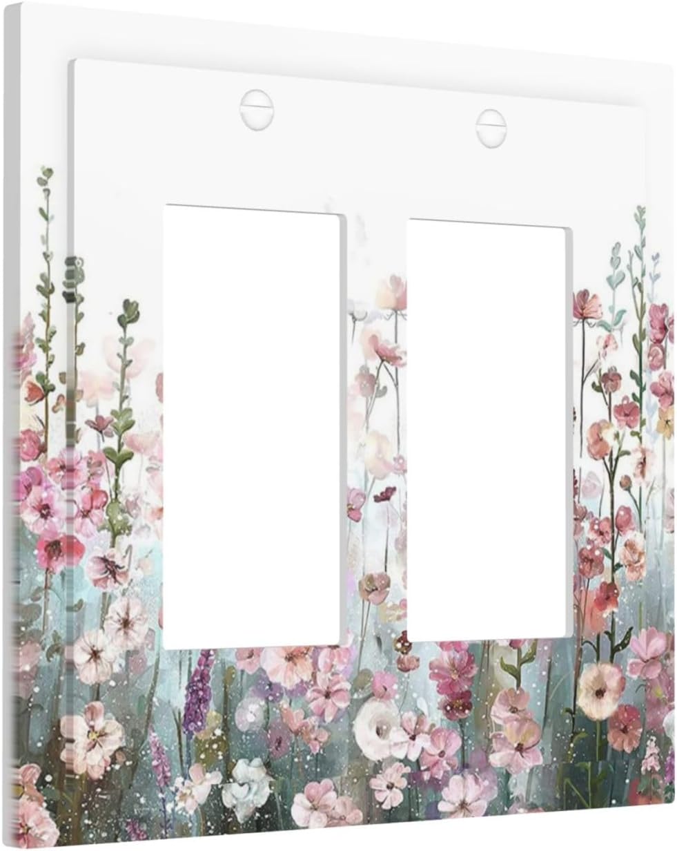 Colorful Flowers Pink Floral Watercolor Plant Decorative Outlet Covers 2 Gang Double GFCI Rocker Electrical Wall Panels Light Switch Cover Plate for Bed Room Living Room Decor